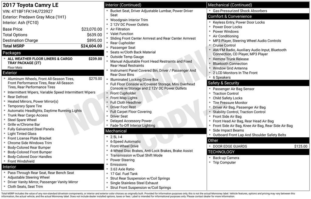 2017 Toyota Camry LE w VERY LOW MILES
